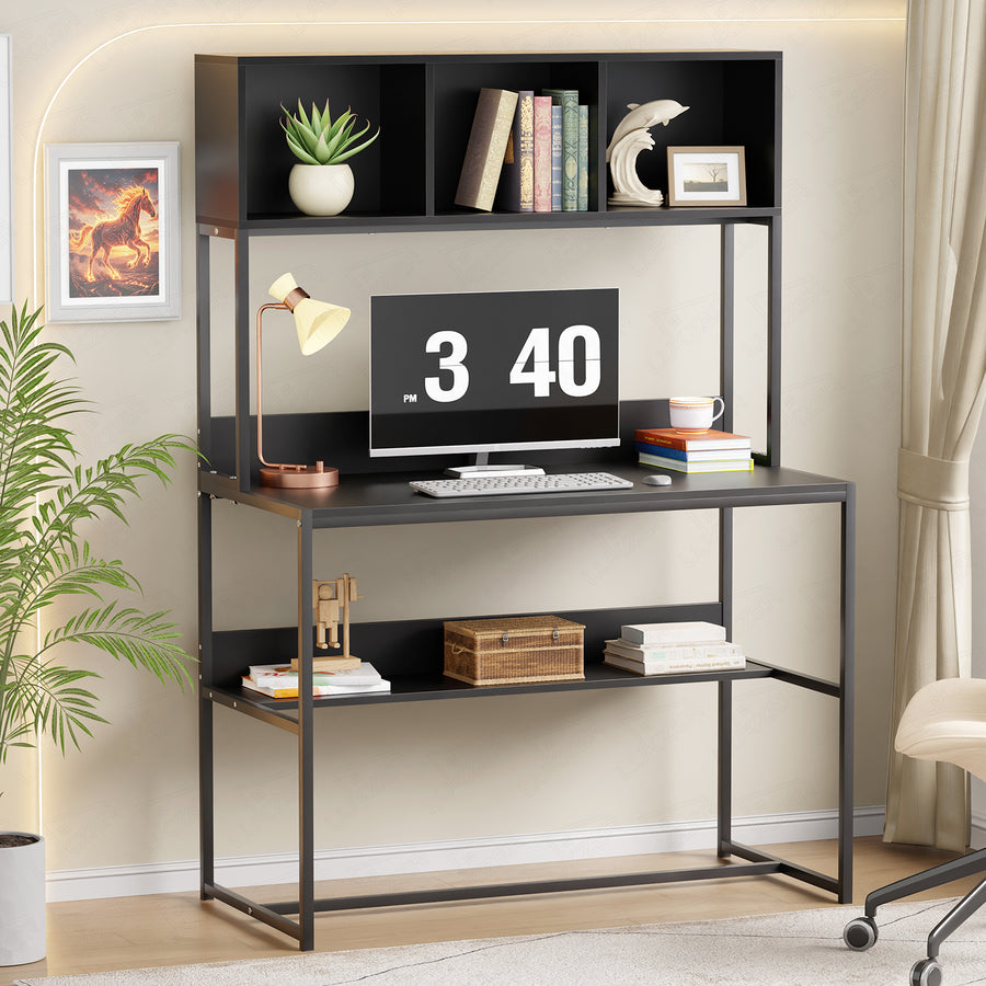 Lukzer Wooden & Metal Study Desk with 3 Storage Shelf & Open Bookshelf for Home (MST-011/Black & Black)