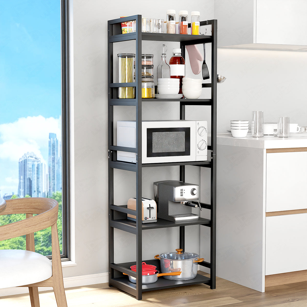 Lukzer 5-Tier Multipurpose Metal & Wood Kitchen Storage Rack (MKR-005/Black & Black)