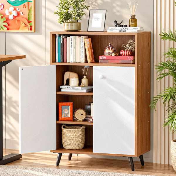 Lukzer Wooden Book Shelf & Storage Cabinet with White Doors (MR-034/Oak Brown)