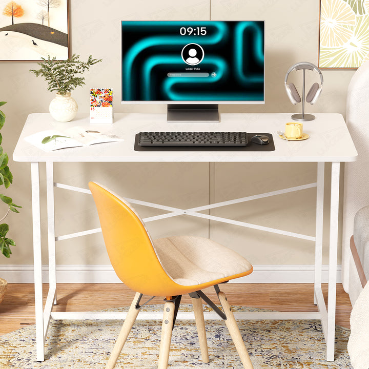 Lukzer Engineered Wood Study Table with X-Support Metal Frame & Adjustable Footpad (MST-009/White & White)