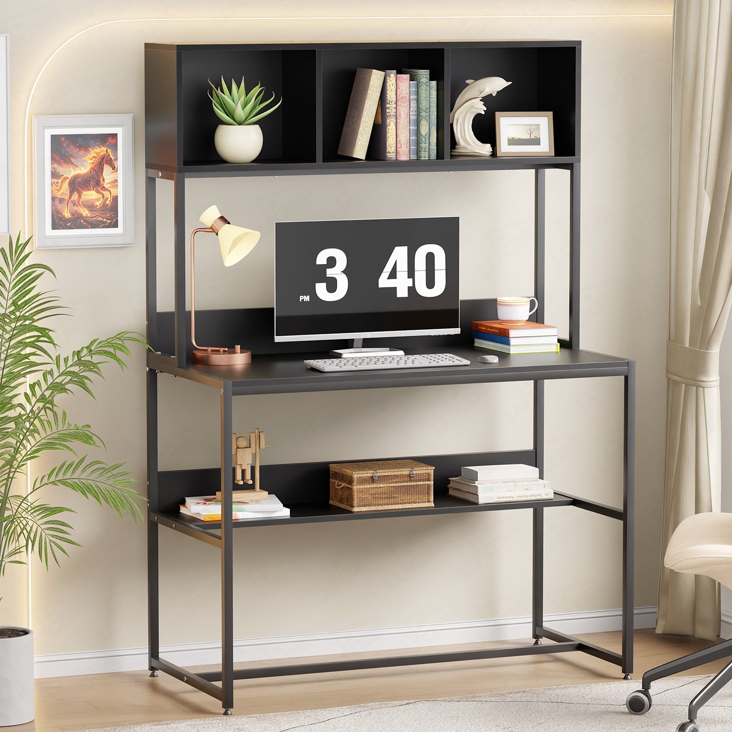 Lukzer Wooden & Metal Study Desk with 3 Storage Shelf & Open Bookshelf for Home (MST-011/Black & Black)