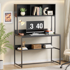 Lukzer Wooden & Metal Study Desk with 3 Storage Shelf & Open Bookshelf for Home (MST-011/Black & Black)