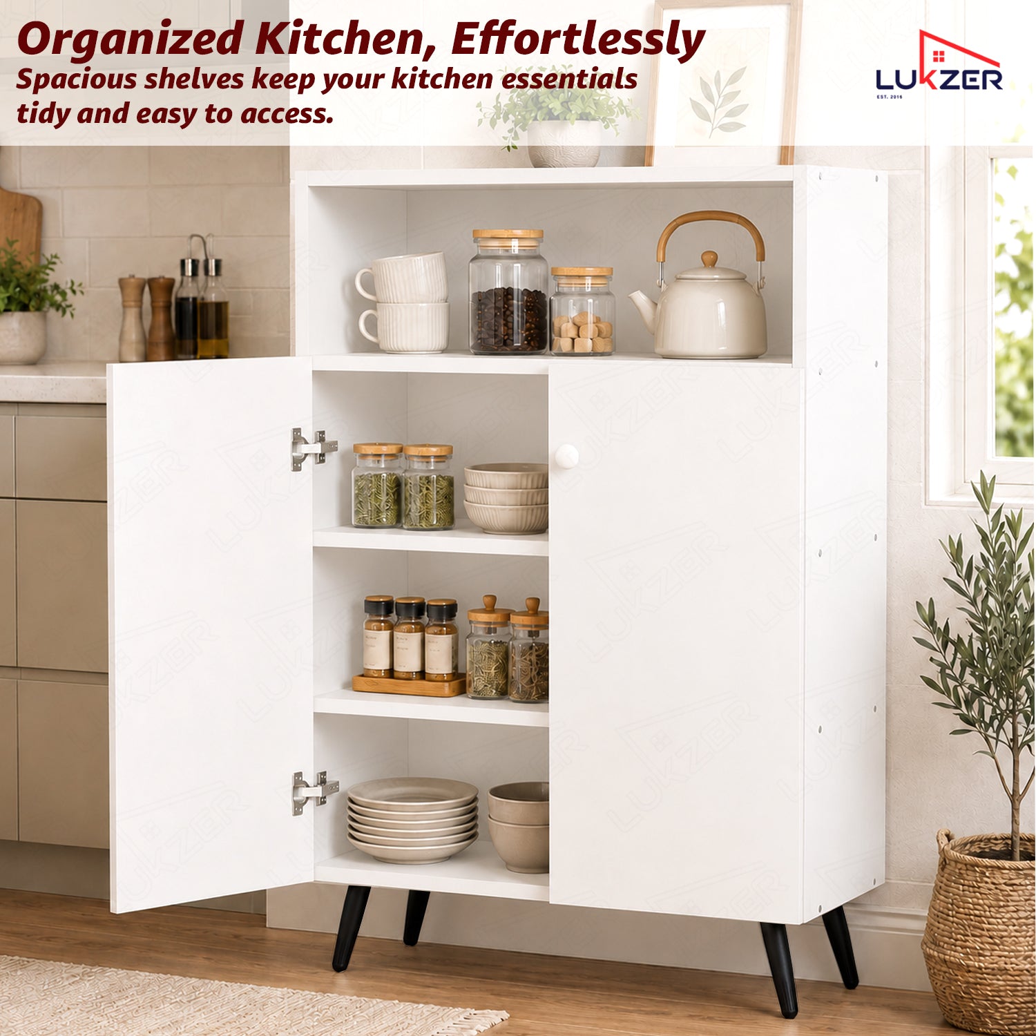 Lukzer Wooden Book Shelf & Storage Cabinet with White Doors (MR-034/White)