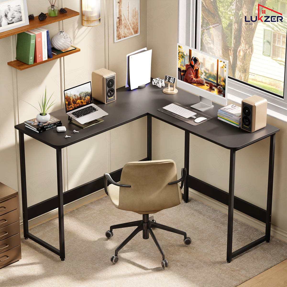 Lukzer Engineered Wood L-Shaped Corner Study and Computer Table for Home or Office (MST-007) Black & Black