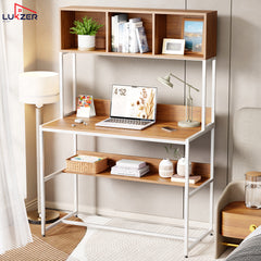 Lukzer Wooden & Metal Study Desk with 3 Storage Shelf & Open Bookshelf for Home (MST-011/White & Oak Brown)