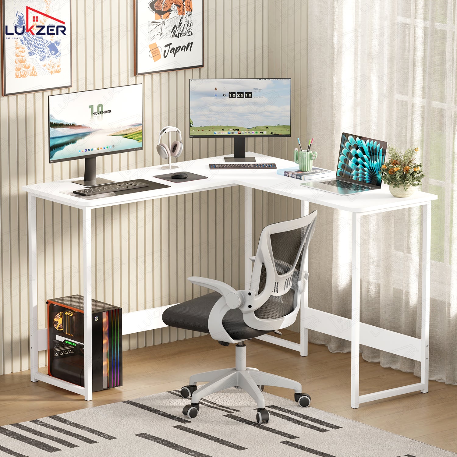 Lukzer Engineered Wood L-Shaped Corner Study and Computer Table for Home or Office (MST-007) white & white