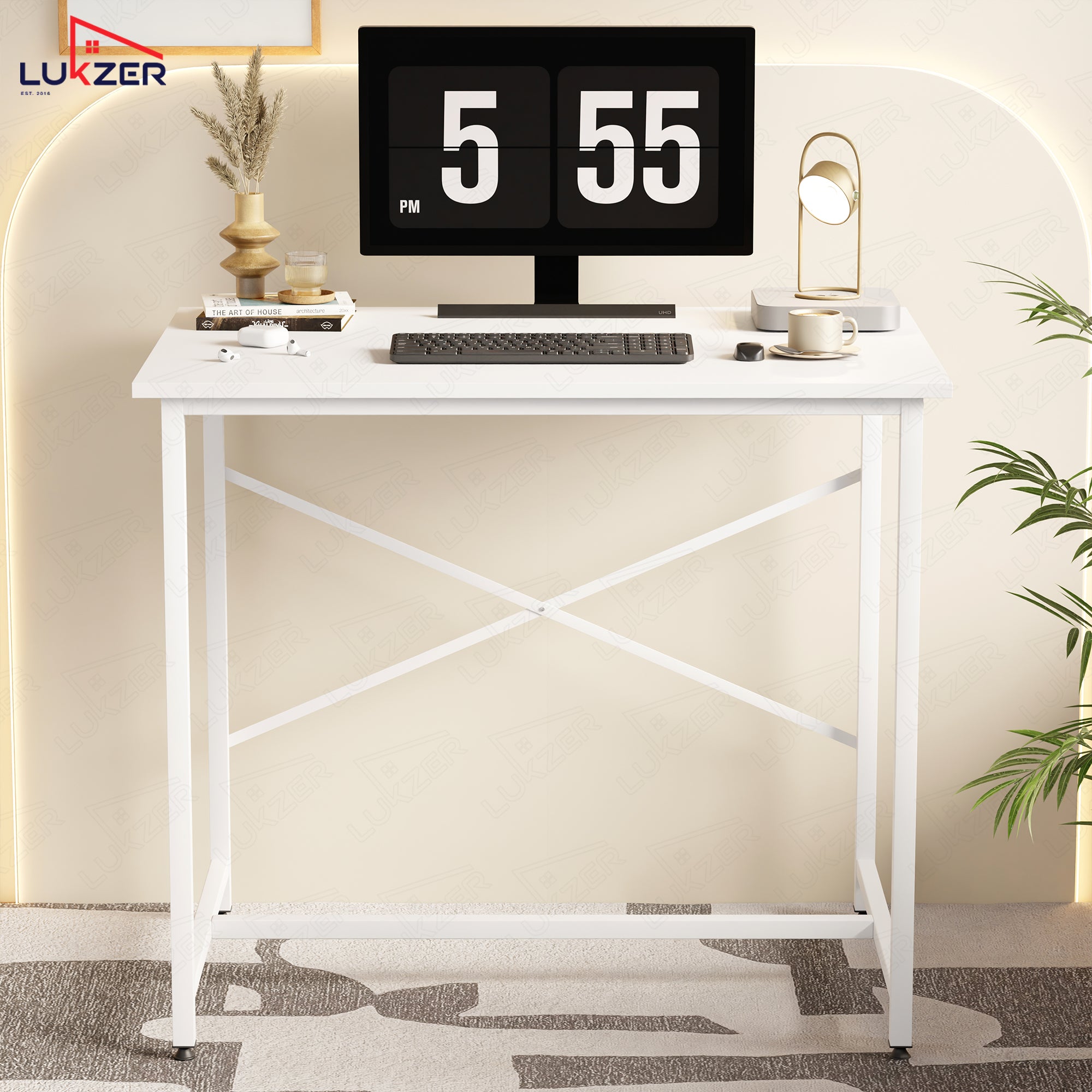 Lukzer X-Support Metal Frame & Engineered Wood Study Table for Home & Office (MST-008) white & white