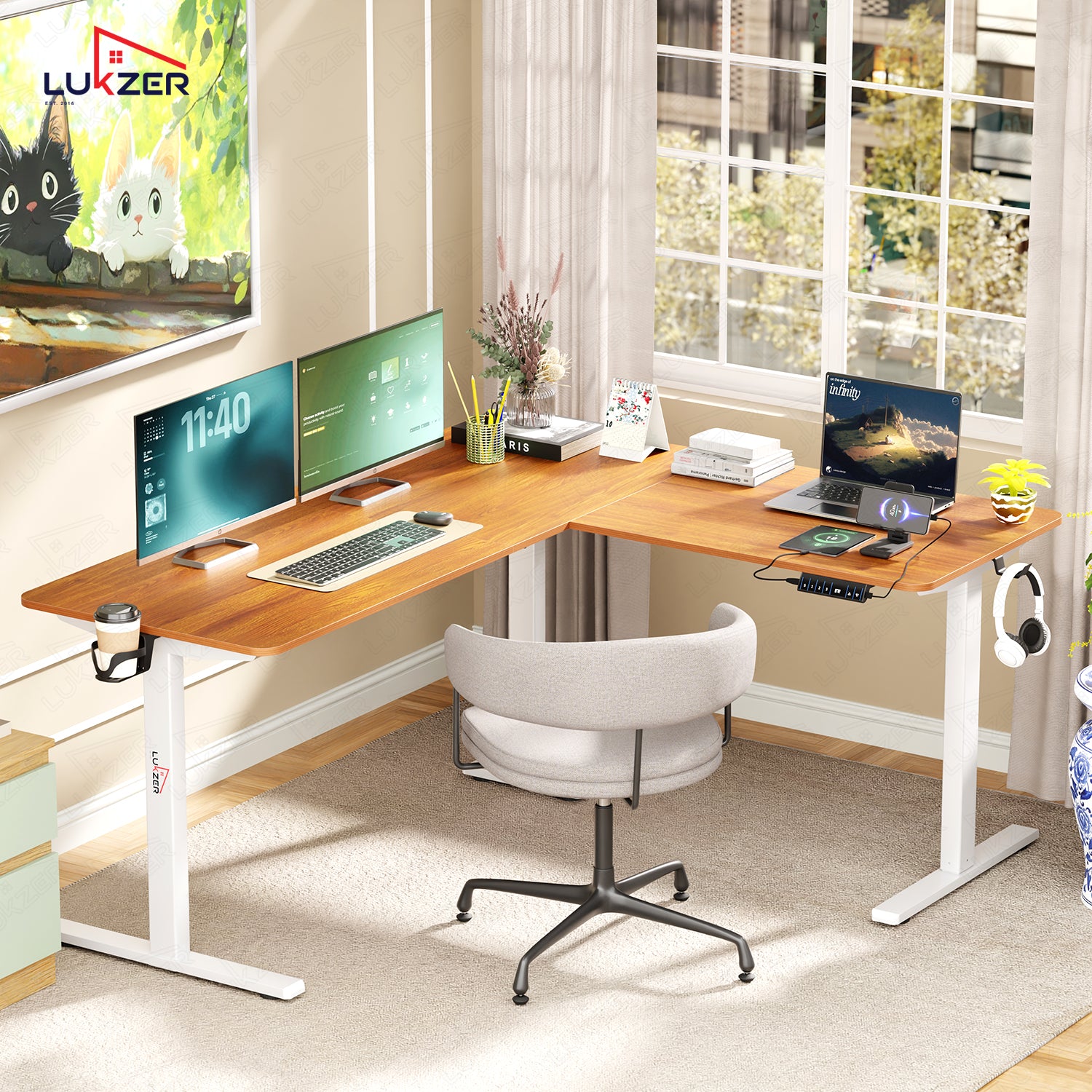 Lukzer Electric Height Adjustable Desk with USB & Type-C Study Table (EST-001/UC-White & Oak Brown) 3-Years Warranty