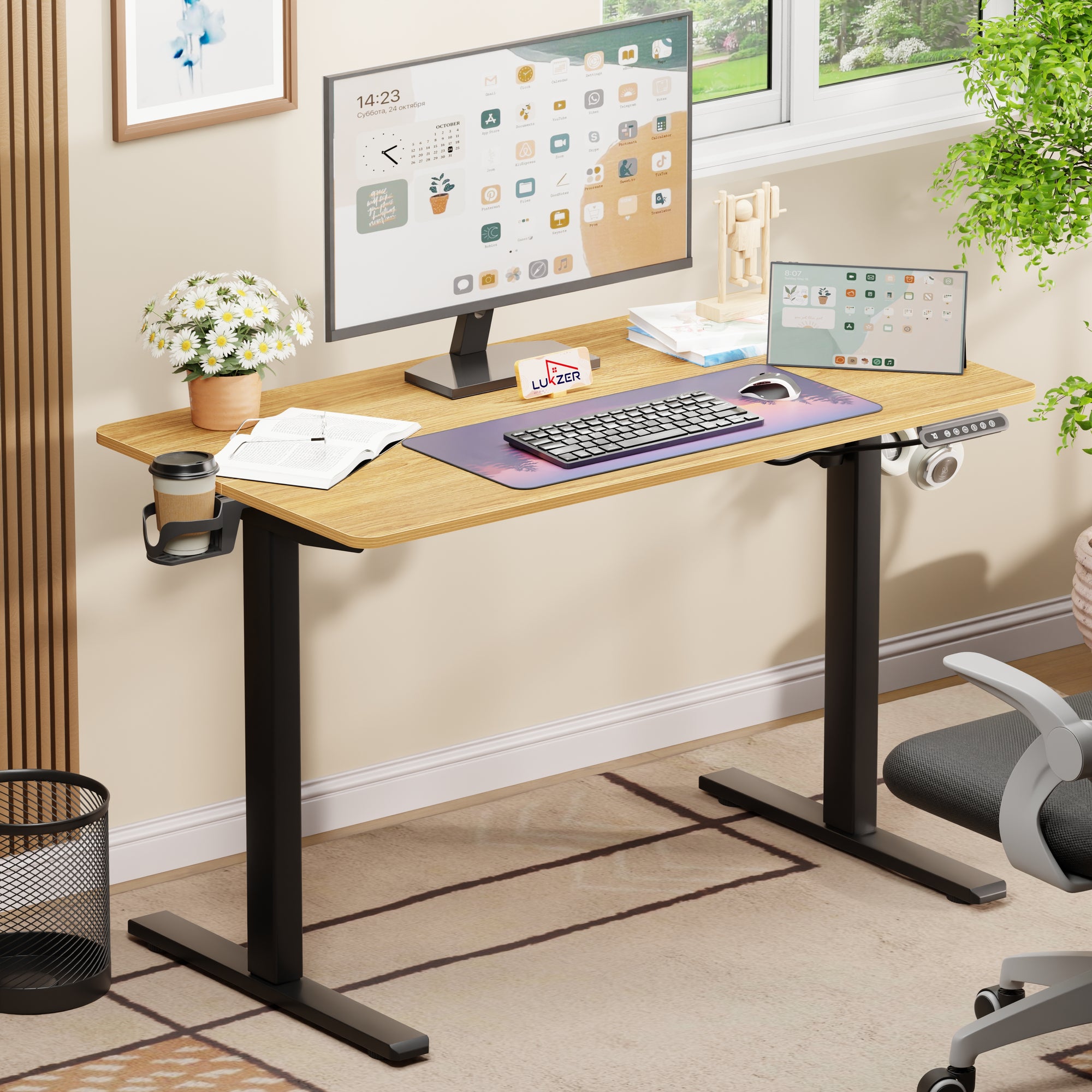 Lukzer Electric Automatic Height Adjustable Sit Stand Desk for Home &amp; Office | EST - 003 | (Black &amp; Oak Brown/Black &amp; Light Oak/Black &amp; Black/White &amp; White/White &amp; Oak Light/White &amp; Oak Brown)