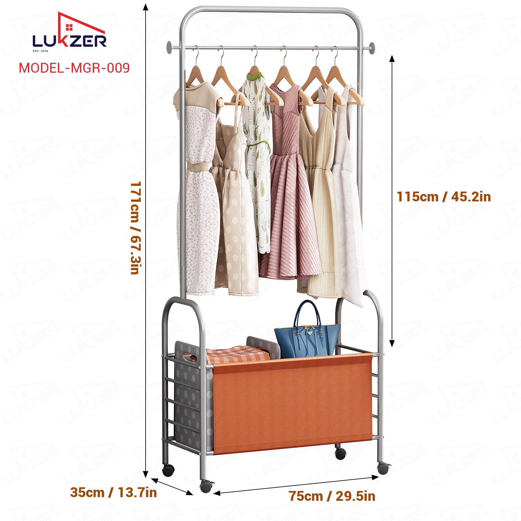 Lukzer Metal Clothes Rail Stand with 4 Side Hooks &amp; 1-Tier Leather Storage Bin, 360° Rotating Wheels | Garment Rack Organizer for Bedroom, Closet, Dorm, Laundry | MGR-009 (171 x 75 x 35)