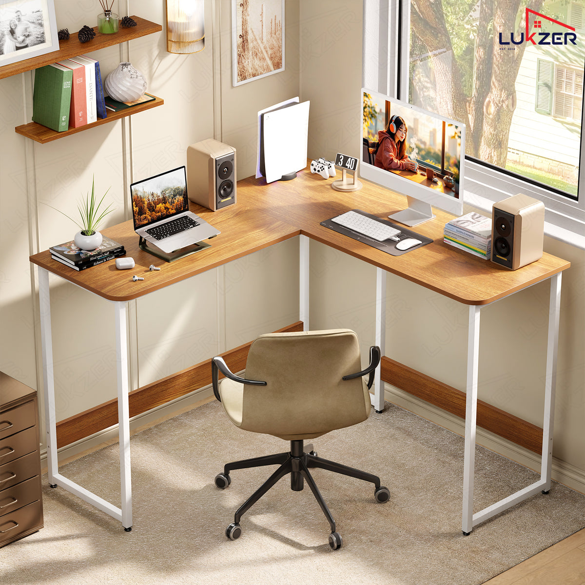 Lukzer Engineered Wood L-Shaped Corner Study and Computer Table for Home or Office (MST-007) white & Oak Brown
