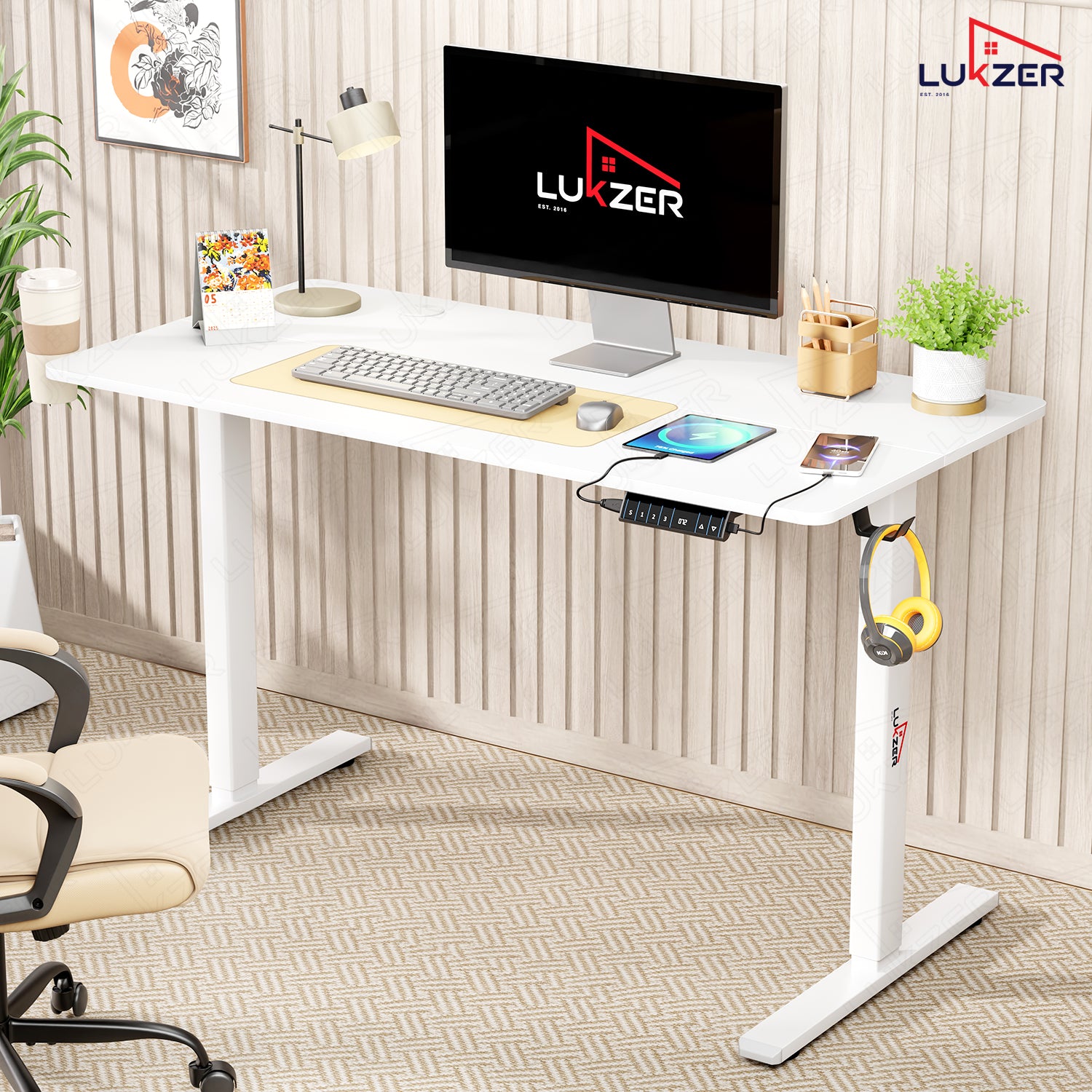 Lukzer Electric Height Adjustable Desk with USB & Type-C Study Table (EST-003/UC-White & White) 3-Years Warranty