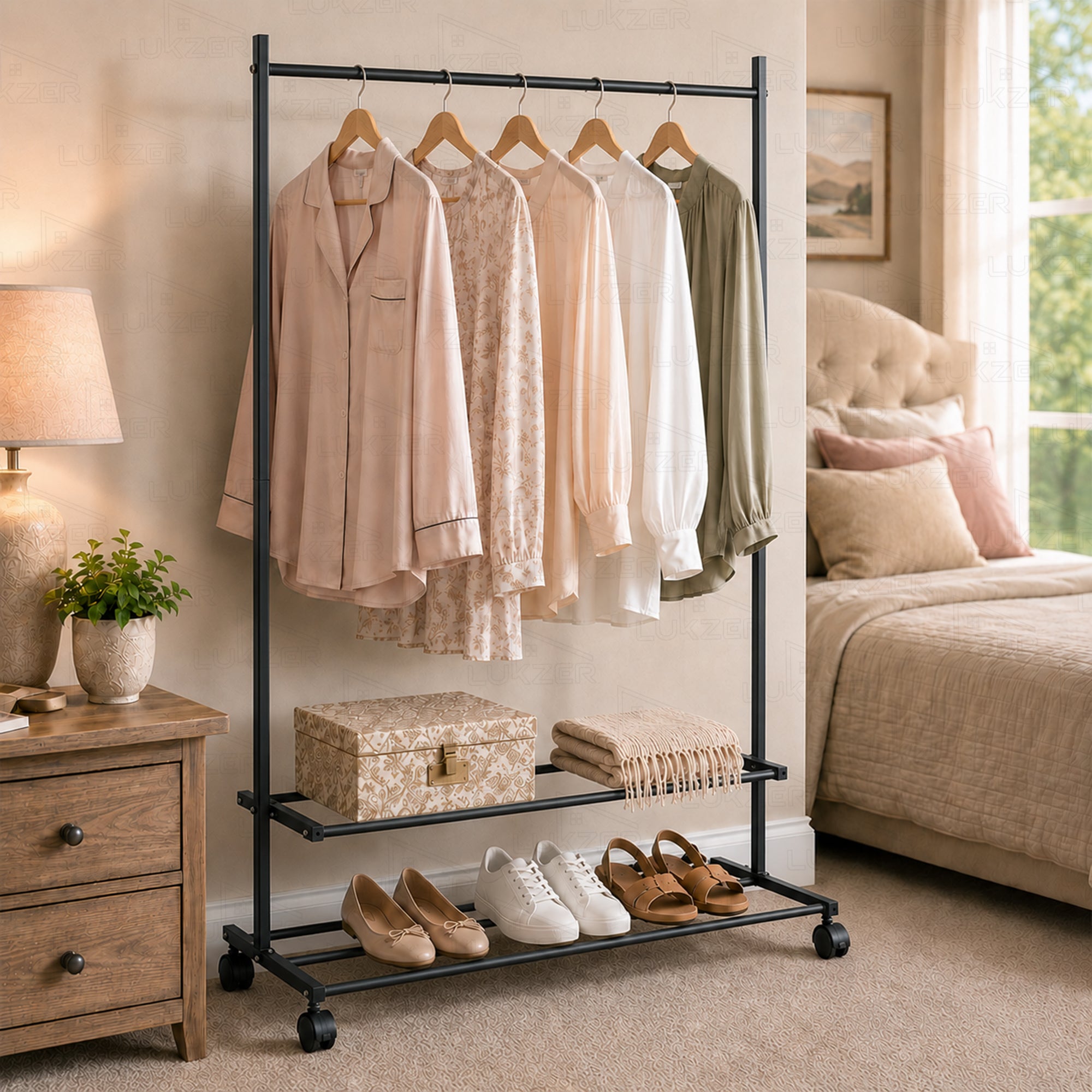 Lukzer Single Rod Metal Garment Rack with Wheels & 2 Bottom Shelves (Black)