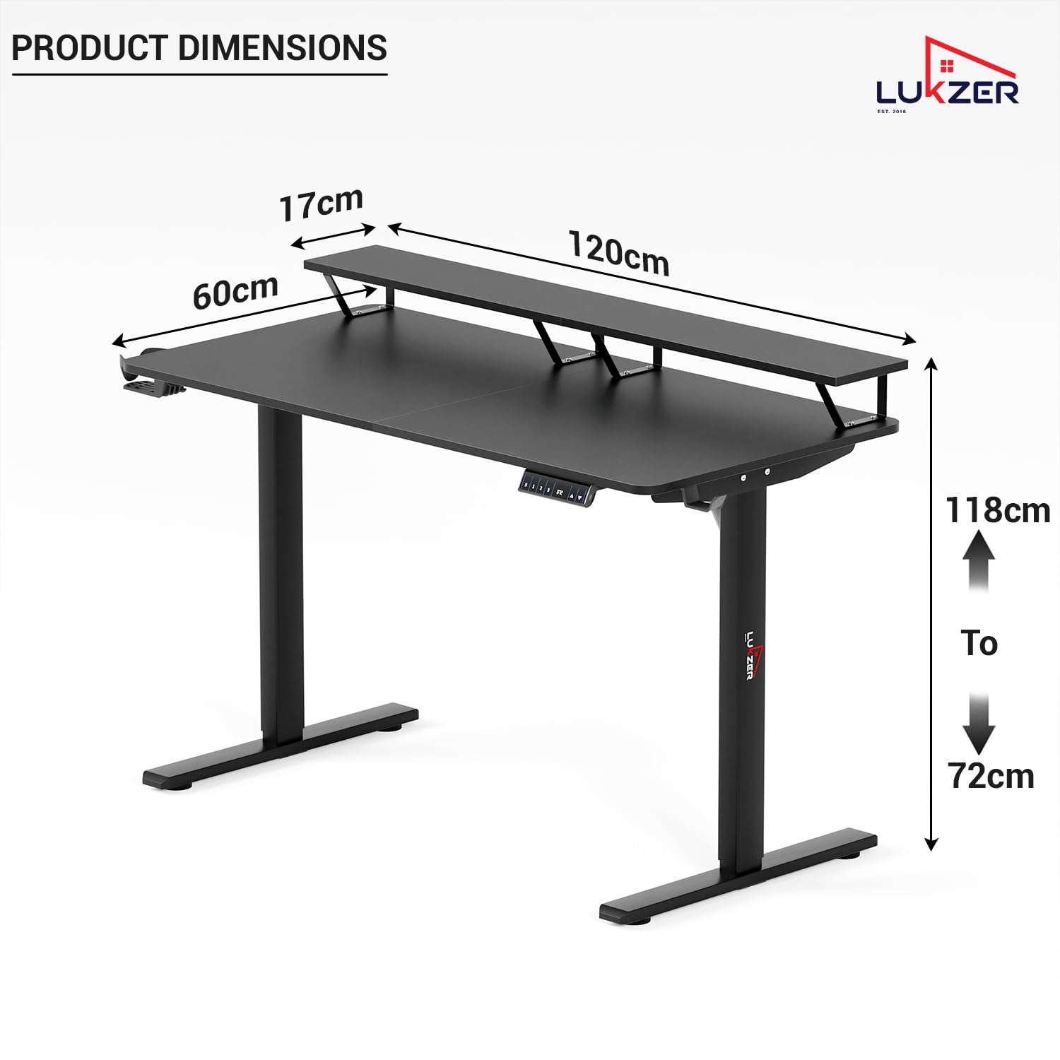 Lukzer Electric Height Adjustable Desk with Monitor Riser USB & Type-C Sit-Stand Table (EST-004-UC/Black & Black) 3-Years Warranty