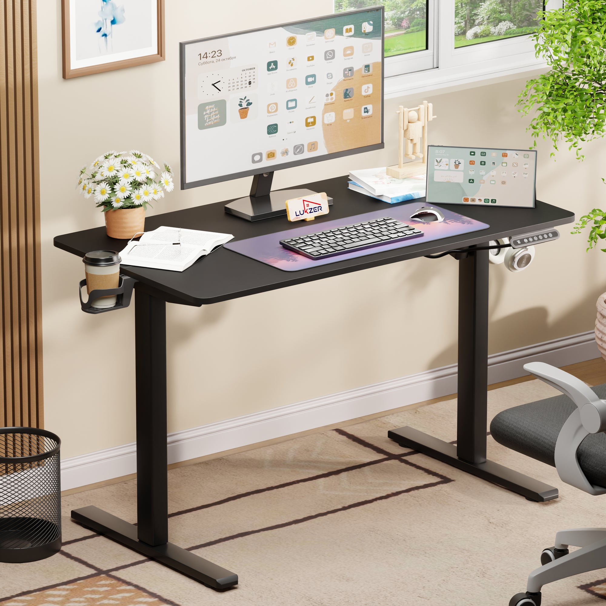 Lukzer Electric Automatic Height Adjustable Sit Stand Desk for Home &amp; Office | EST - 003 | (Black &amp; Oak Brown/Black &amp; Light Oak/Black &amp; Black/White &amp; White/White &amp; Oak Light/White &amp; Oak Brown)