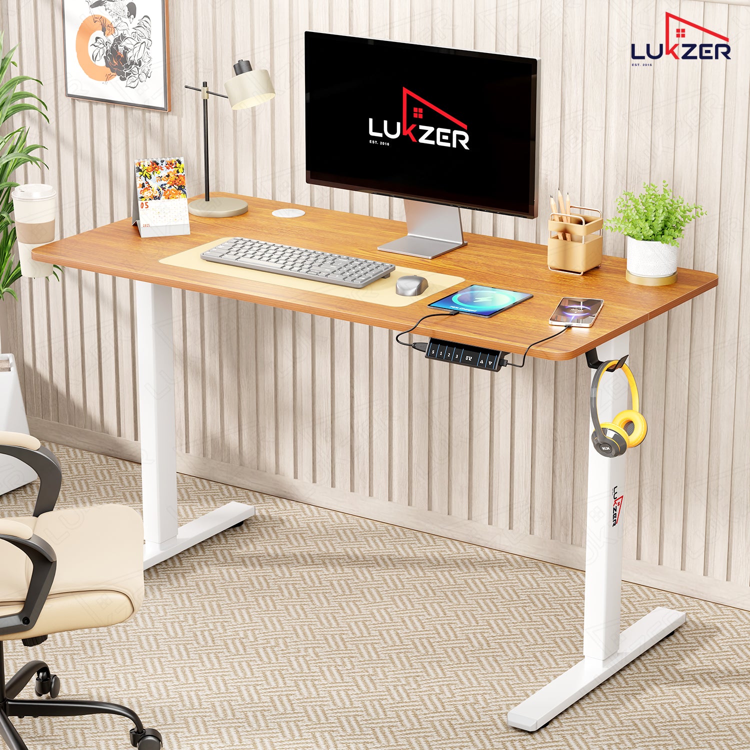 Lukzer Electric Height Adjustable Desk with USB & Type-C Study Table (EST-003/UC-White & Oak Brown) 3-Years Warranty