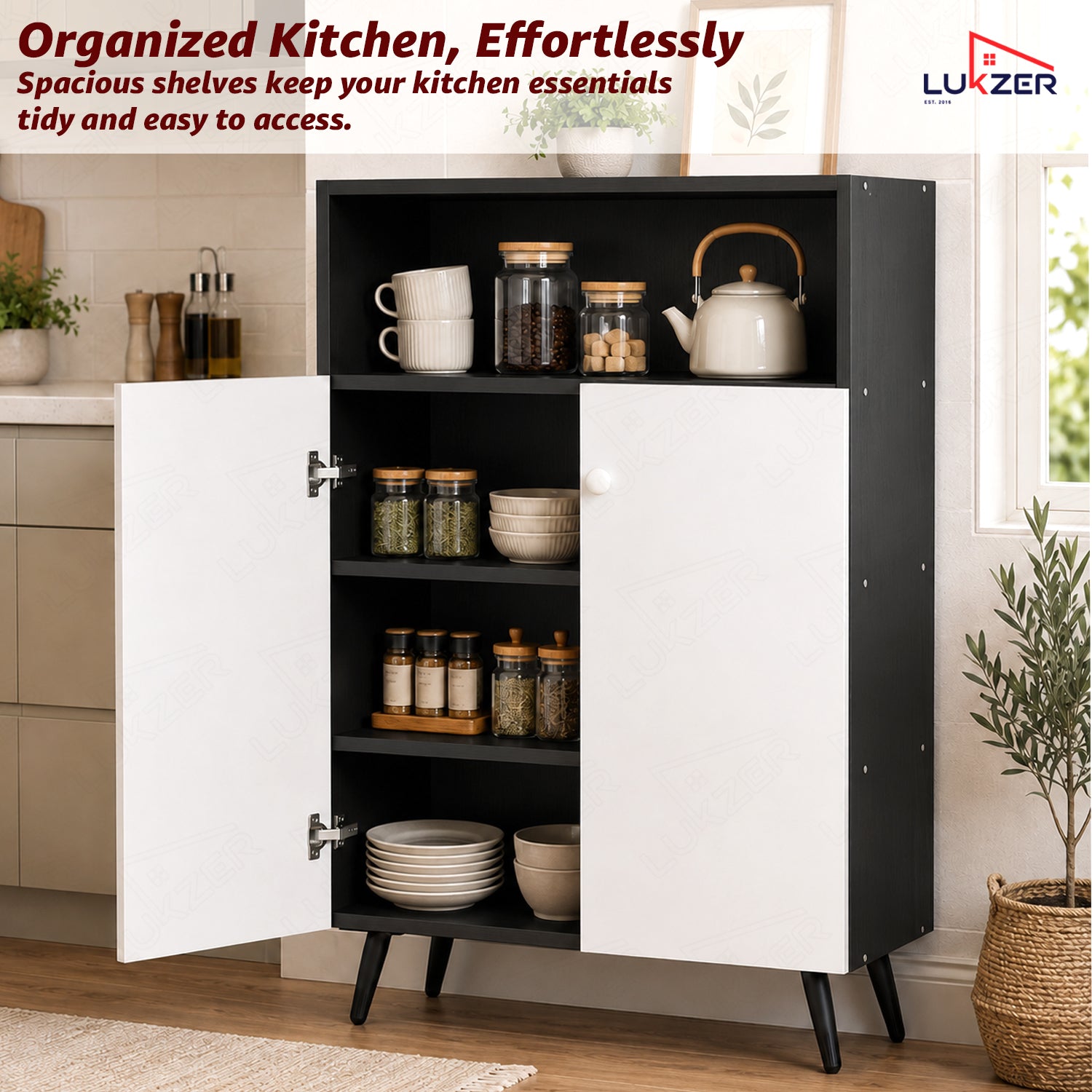Lukzer Wooden Book Shelf & Storage Cabinet with White Doors (MR-034/Black)