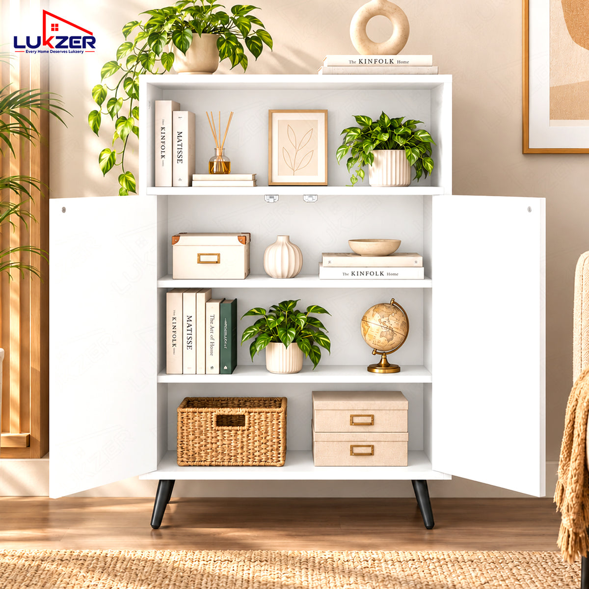 Lukzer Wooden Book Shelf & Storage Cabinet with White Doors (MR-034/White)