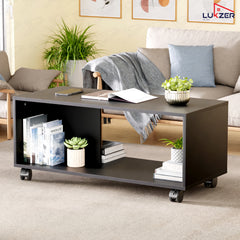 Lukzer Engineered Wood Center Table with Wheels Open Storage Desk (CT-003/Black)