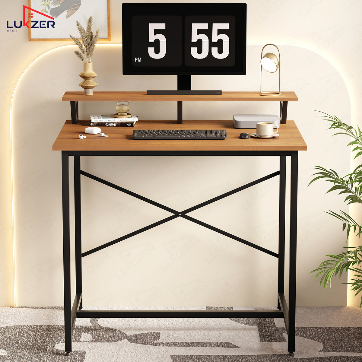 Lukzer X-Support Study Table with Monitor Riser for Home Office (MST-009/Black & Oak Brown)