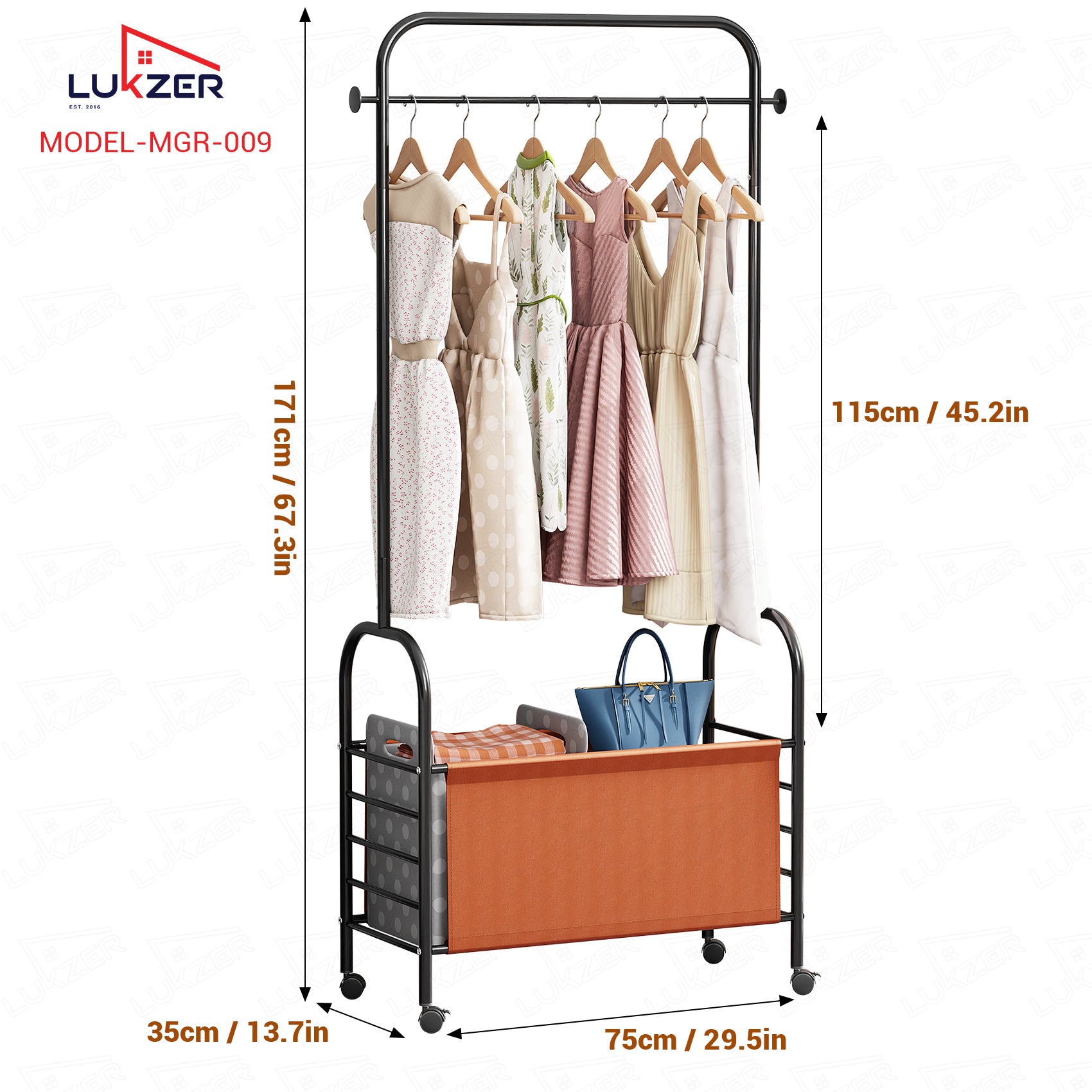 Lukzer Metal Clothes Rail Stand with 4 Side Hooks &amp; 1-Tier Leather Storage Bin, 360° Rotating Wheels | Garment Rack Organizer for Bedroom, Closet, Dorm, Laundry | MGR-009 (171 x 75 x 35)