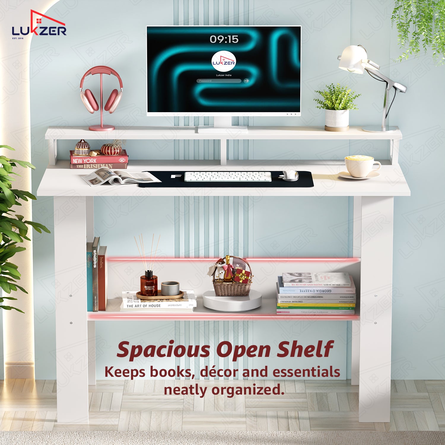 Lukzer Study Table with Monitor Riser & Open Book Shelf (MST-004/White)
