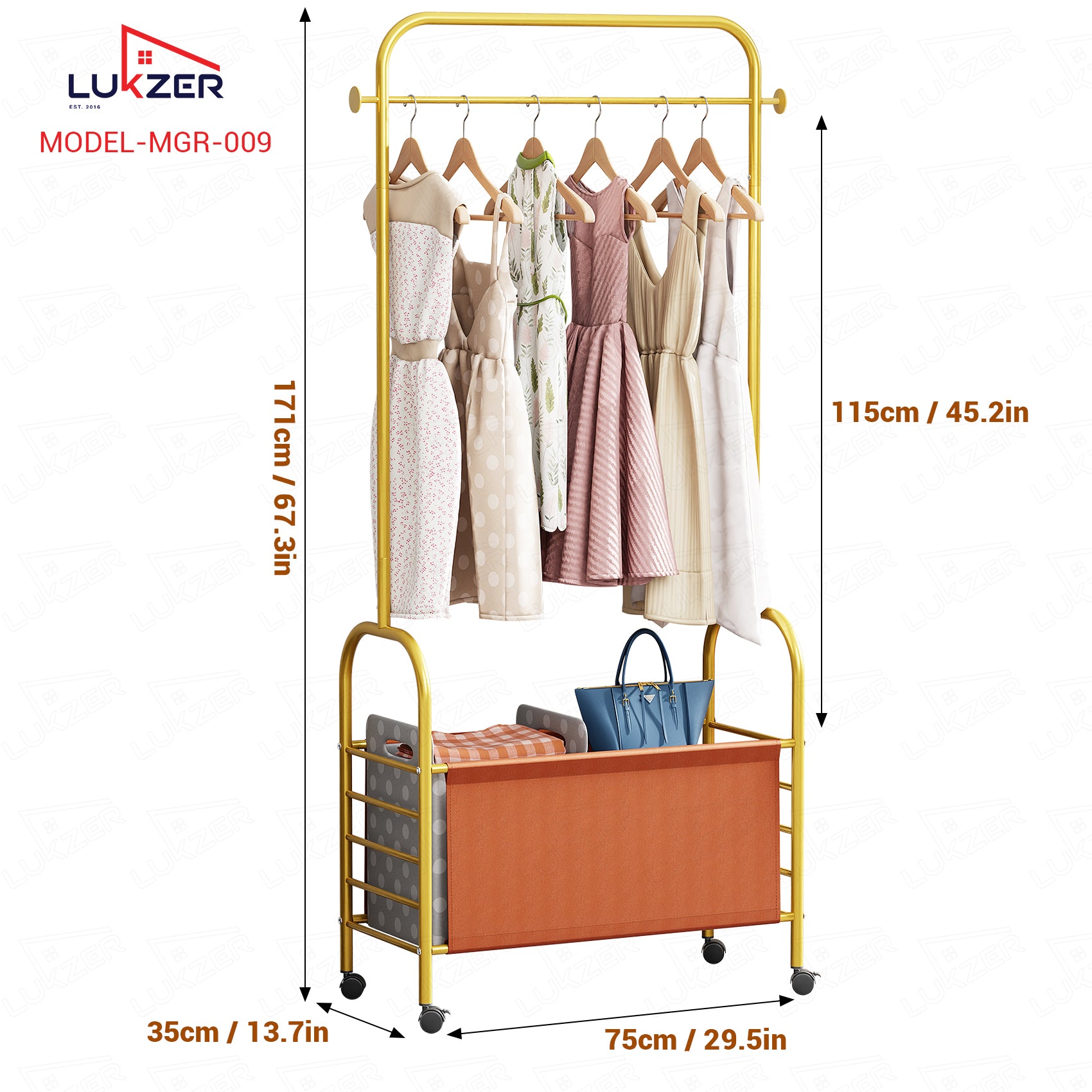 Lukzer Metal Clothes Rail Stand with 4 Side Hooks &amp; 1-Tier Leather Storage Bin, 360° Rotating Wheels | Garment Rack Organizer for Bedroom, Closet, Dorm, Laundry | MGR-009 (171 x 75 x 35)