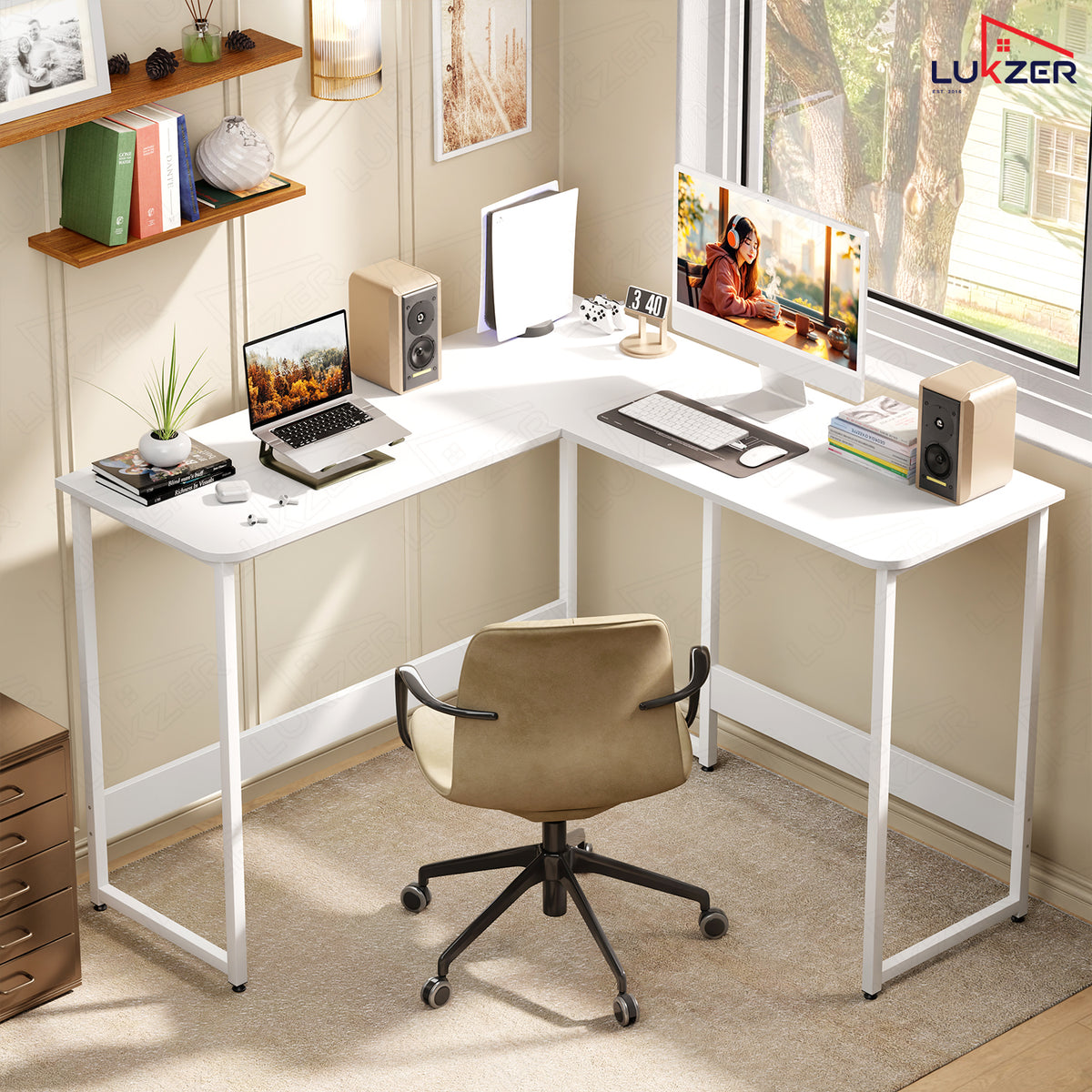Lukzer Engineered Wood L-Shaped Corner Study and Computer Table for Home or Office (MST-007) white & white