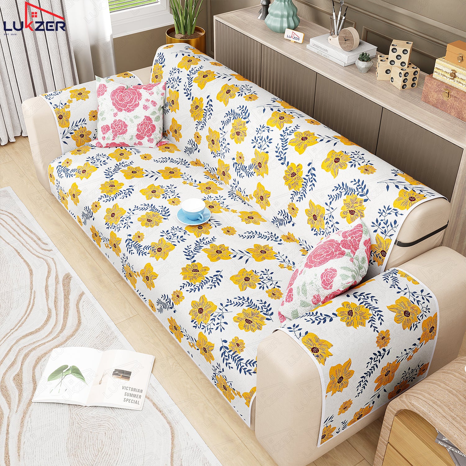 Lukzer Quilted Reversible Sofa Cover Mat with Arms | Polyester Blend 350 GSM Full Coverage &amp; Back Belt for Stability | Washable Furniture Protector.