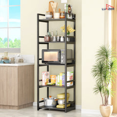 Lukzer 5-Tier Multipurpose Metal & Wood Kitchen Storage Rack (MKR-005/Black & Black)