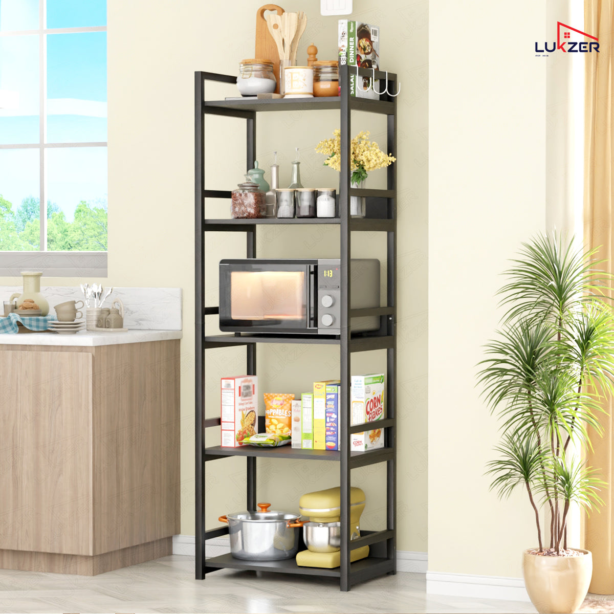 Lukzer 5-Tier Multipurpose Metal & Wood Kitchen Storage Rack (MKR-005/Black & Black)