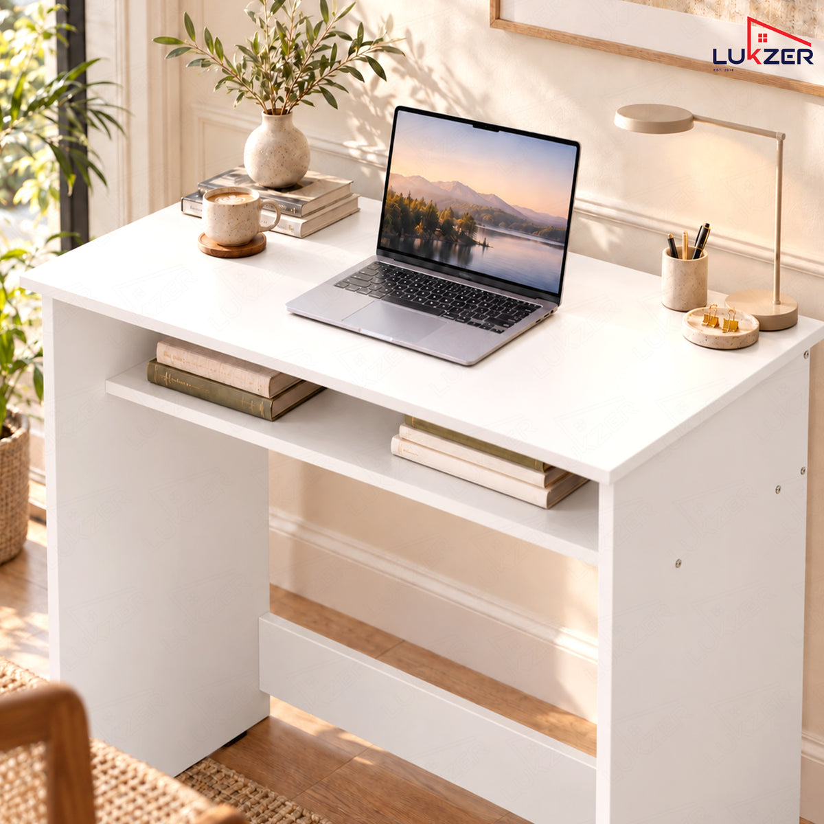Lukzer Engineered Wood Study Table with Bookshelf (ST-002/White)