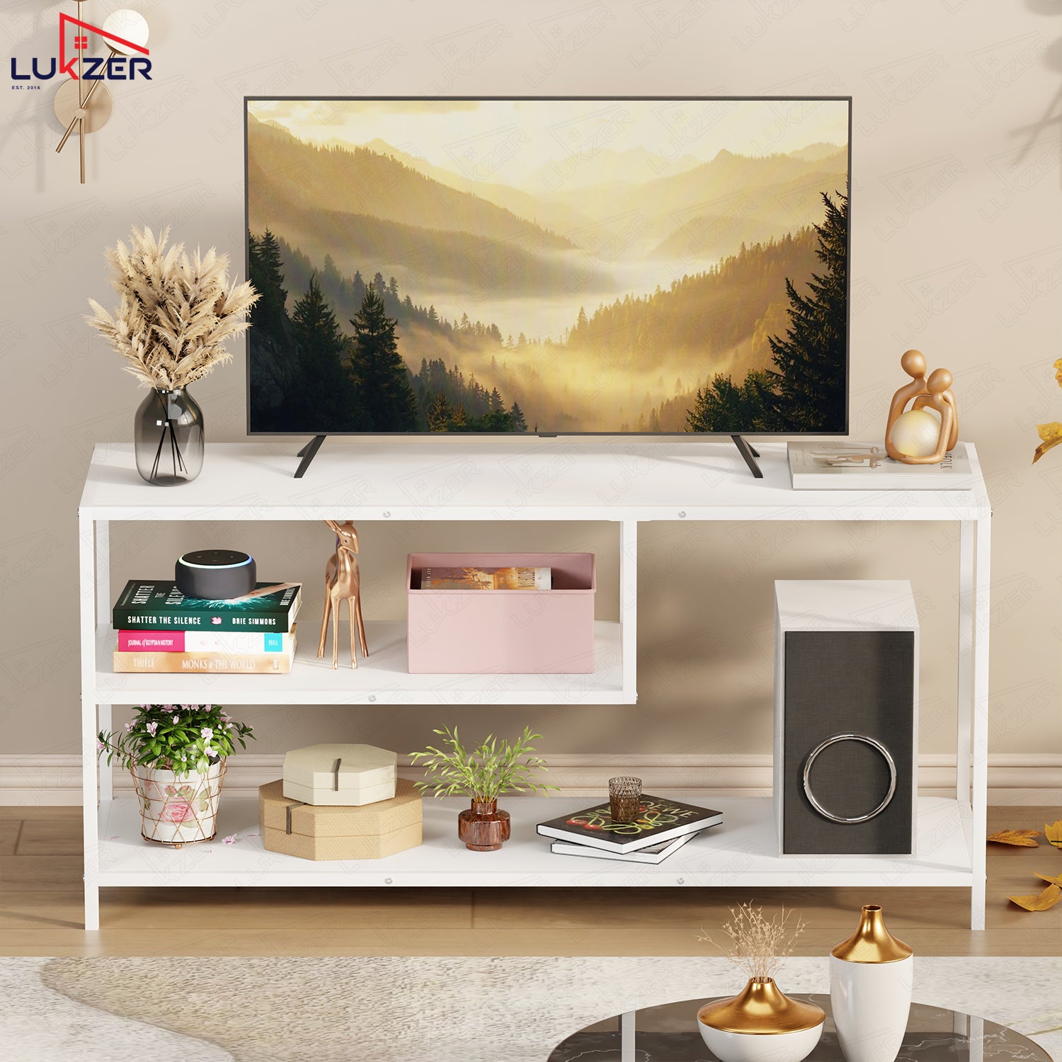 Lukzer Metal & Engineered Wood TV Unit Stand with Open Shelves (MTU-001) White & White