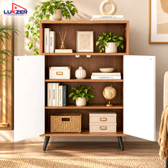 Lukzer Wooden Book Shelf & Storage Cabinet with White Doors (MR-034/Oak Brown)