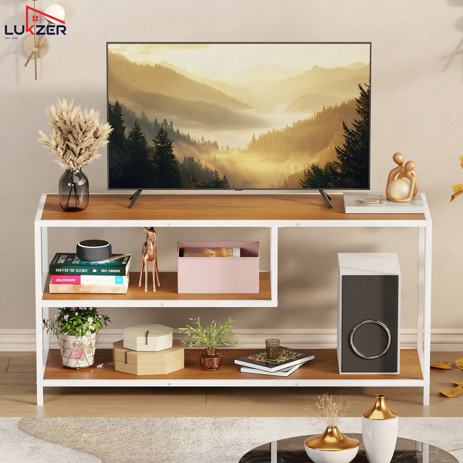 Lukzer Metal & Engineered Wood TV Unit Stand with Open Shelves (MTU-001) White & Oak Brown