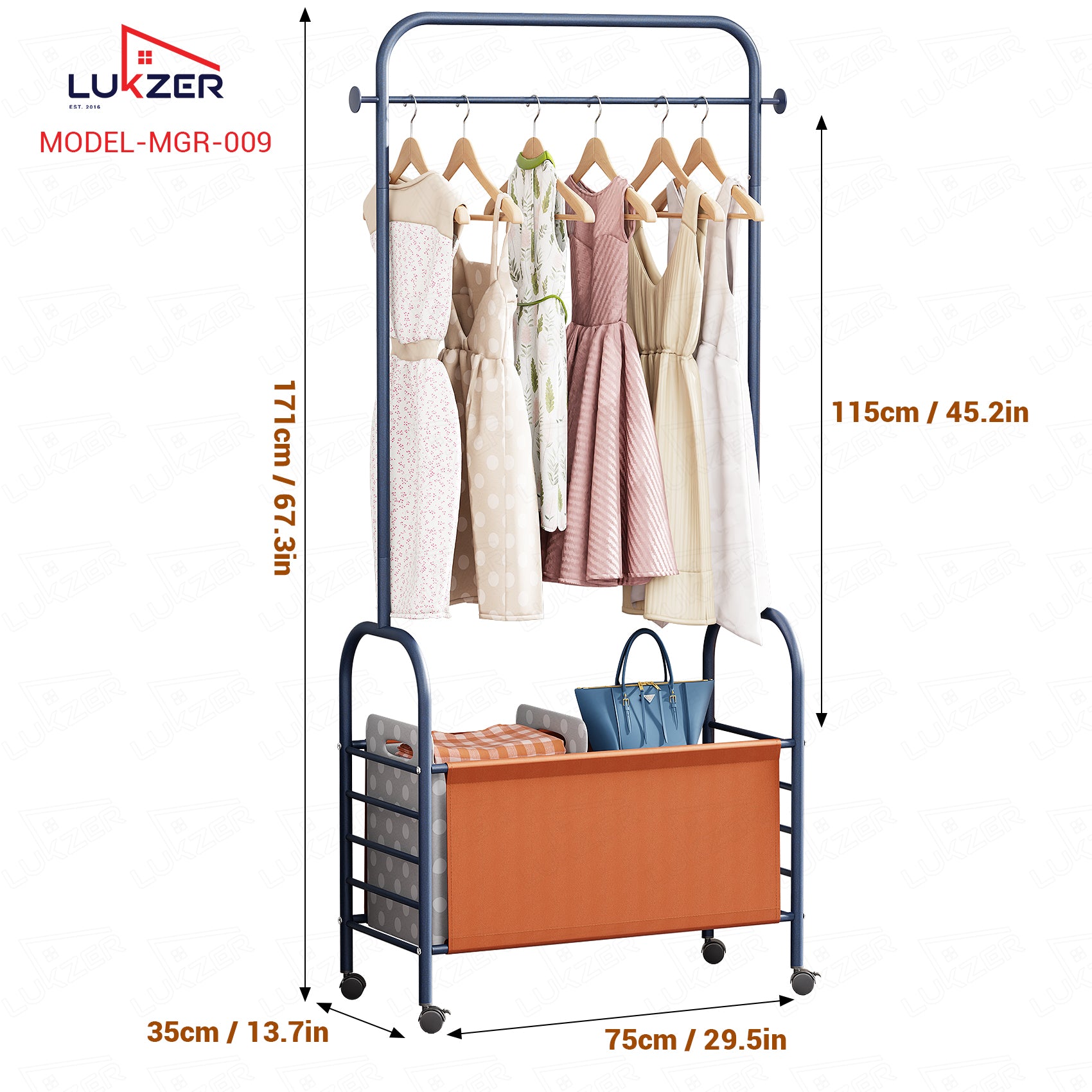 Lukzer Metal Clothes Rail Stand with 4 Side Hooks &amp; 1-Tier Leather Storage Bin, 360° Rotating Wheels | Garment Rack Organizer for Bedroom, Closet, Dorm, Laundry | MGR-009 (171 x 75 x 35)
