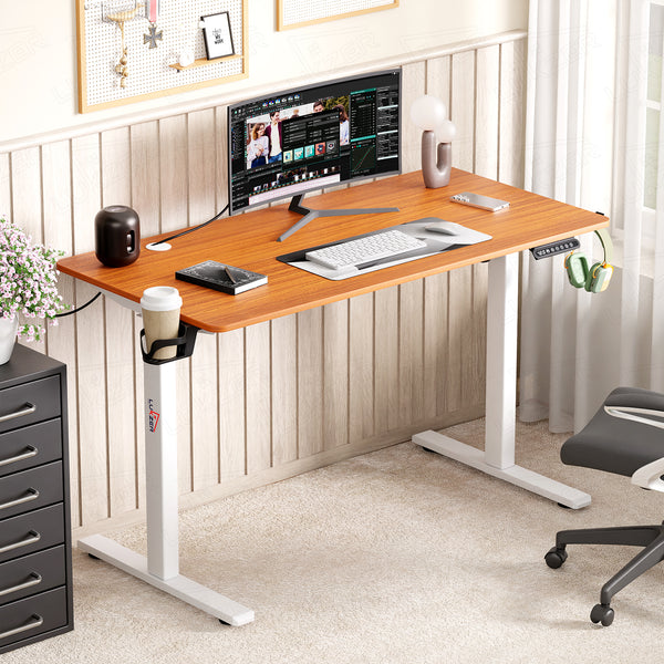 Lukzer Electric Automatic Height Adjustable Sit Stand Desk EST-003 ( White & Oak Brown ) 3-Years Warranty