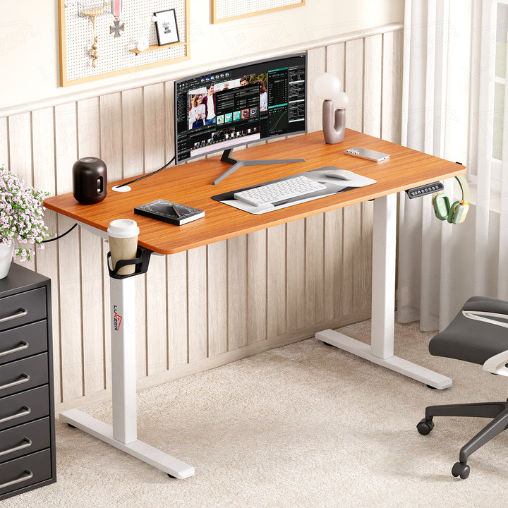 Lukzer Electric Automatic Height Adjustable Sit Stand Desk EST-003 ( White & Oak Brown ) 3-Years Warranty