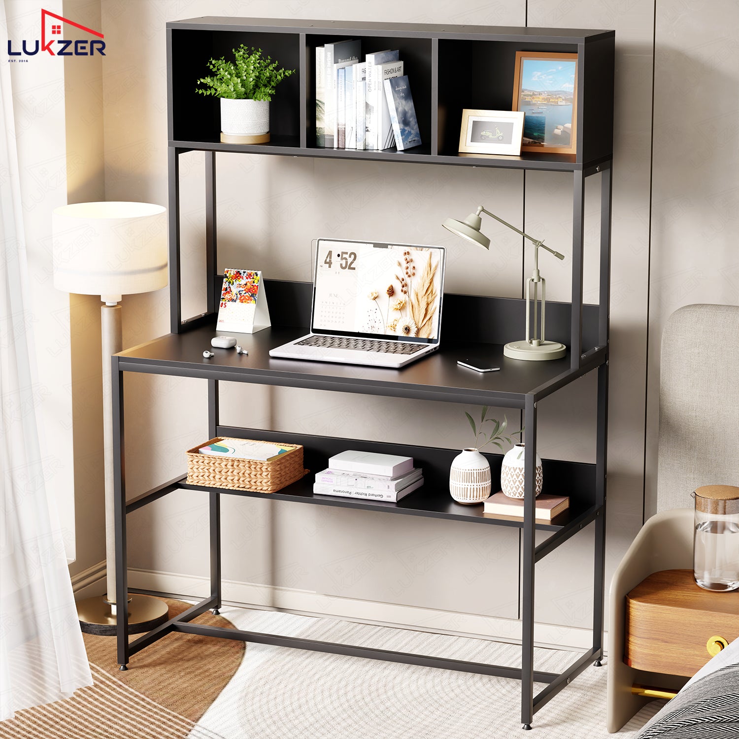 Lukzer Wooden & Metal Study Desk with 3 Storage Shelf & Open Bookshelf for Home (MST-011/Black & Black)