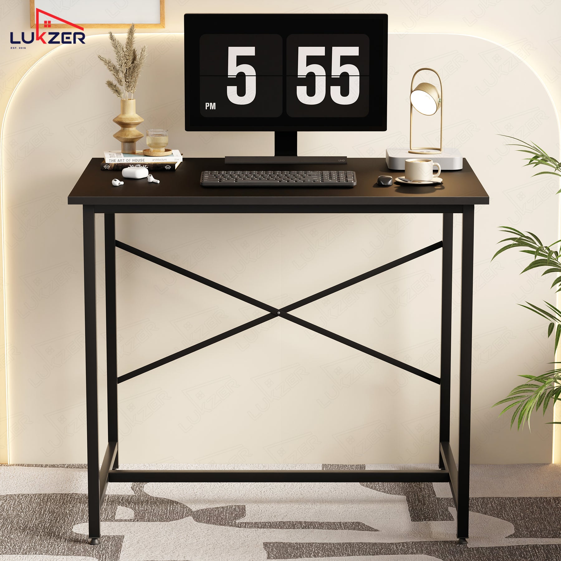 Lukzer X-Support Metal Frame & Engineered Wood Study Table for Home & Office (MST-008) Black &  Black