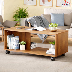 Lukzer Engineered Wood Center Table with Wheels Open Storage Desk (CT-003/Oak Brown)