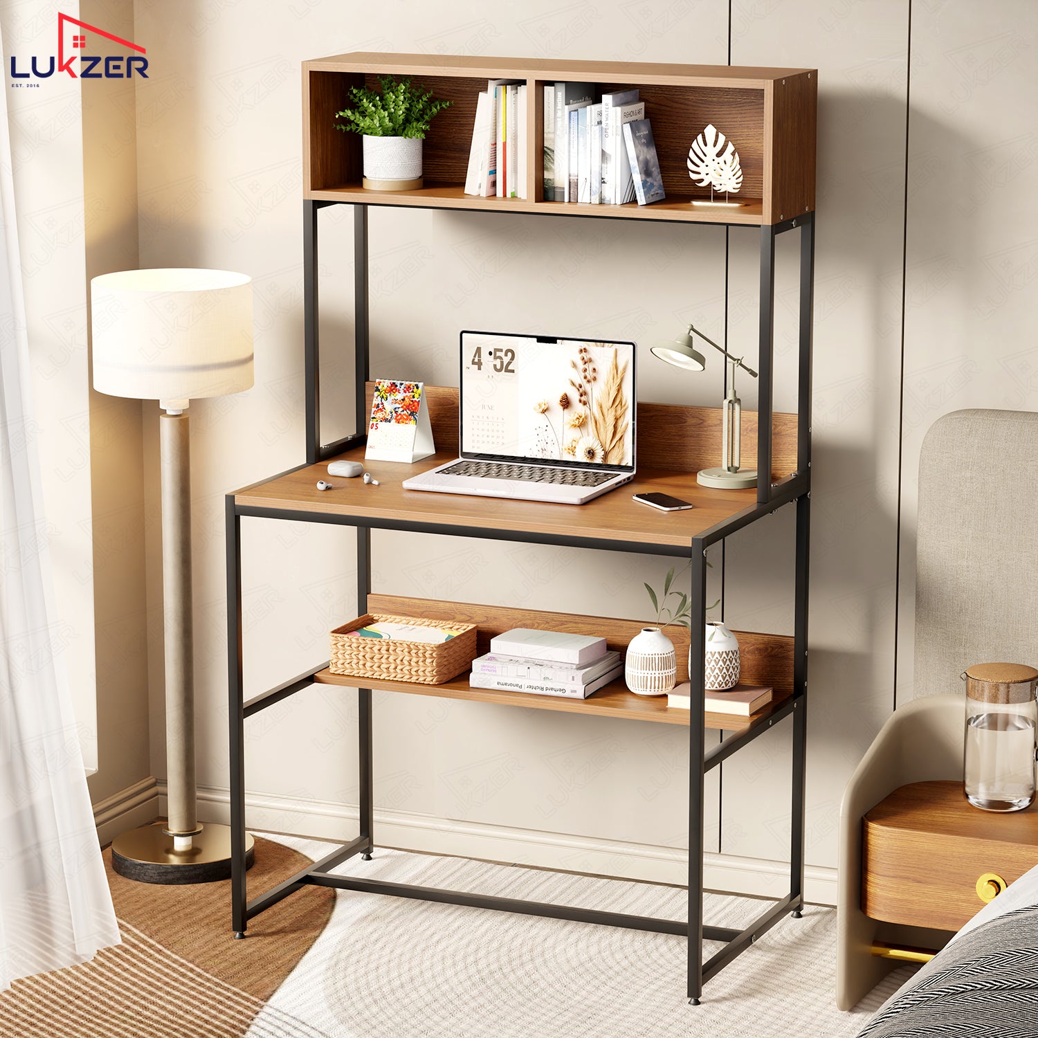 Lukzer Modern Study Table with Open Bookshelf & Hutch (MST-010/Black & Oak Brown)