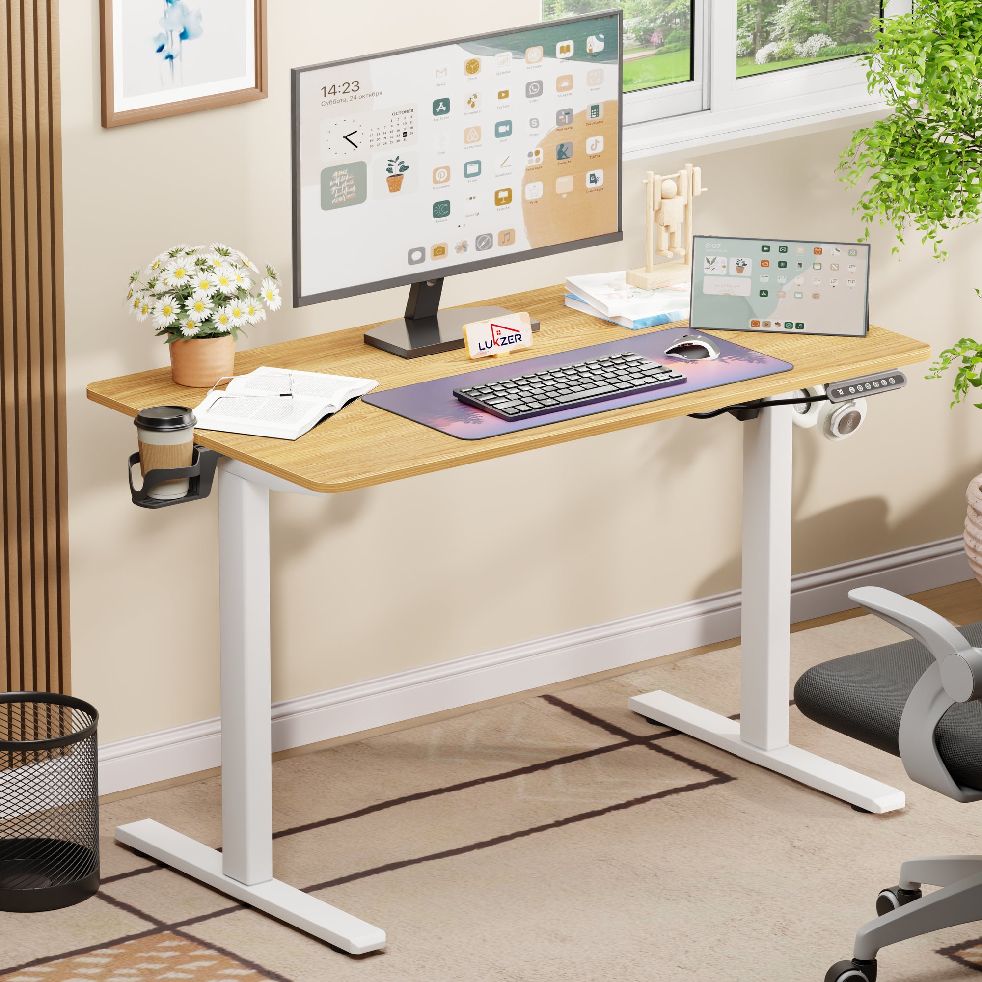 Lukzer Electric Automatic Height Adjustable Sit Stand Desk for Home &amp; Office | EST - 003 | (Black &amp; Oak Brown/Black &amp; Light Oak/Black &amp; Black/White &amp; White/White &amp; Oak Light/White &amp; Oak Brown)