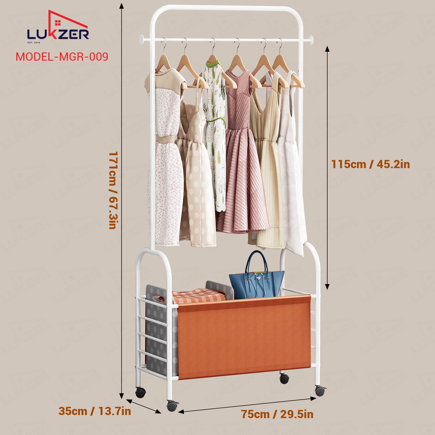Lukzer Metal Clothes Rail Stand with 4 Side Hooks &amp; 1-Tier Leather Storage Bin, 360° Rotating Wheels | Garment Rack Organizer for Bedroom, Closet, Dorm, Laundry | MGR-009 (171 x 75 x 35)