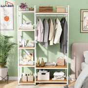 Lukzer Heavy Duty Garment Rack with 8 Shelves & Hanging Rod (MMR-004/White & Oak Brown)