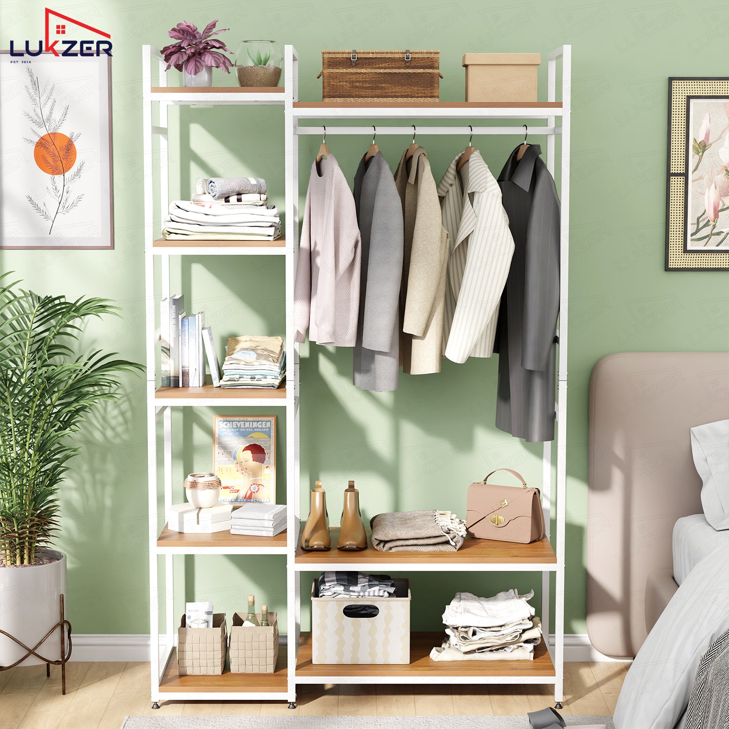 Lukzer Heavy Duty Garment Rack with 8 Shelves & Hanging Rod (MMR-004/White & Oak Brown)