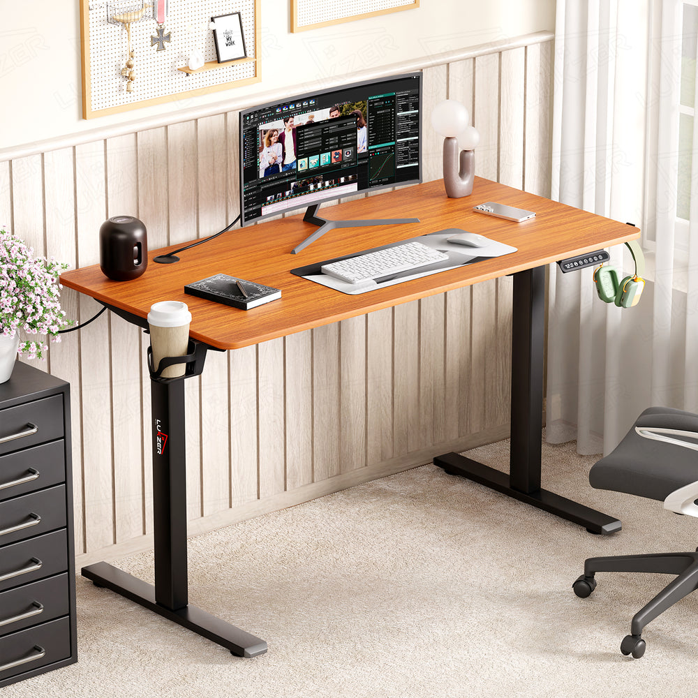 Lukzer Electric Automatic Height Adjustable Sit Stand Desk EST-003 ( Black & Oak Brown ) 3-Years Warranty