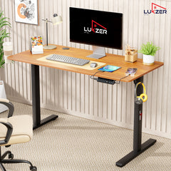Lukzer Electric Height Adjustable Desk with USB & Type-C Study Table (EST-003/UC-Black & Oak Brown) 3-Years Warranty