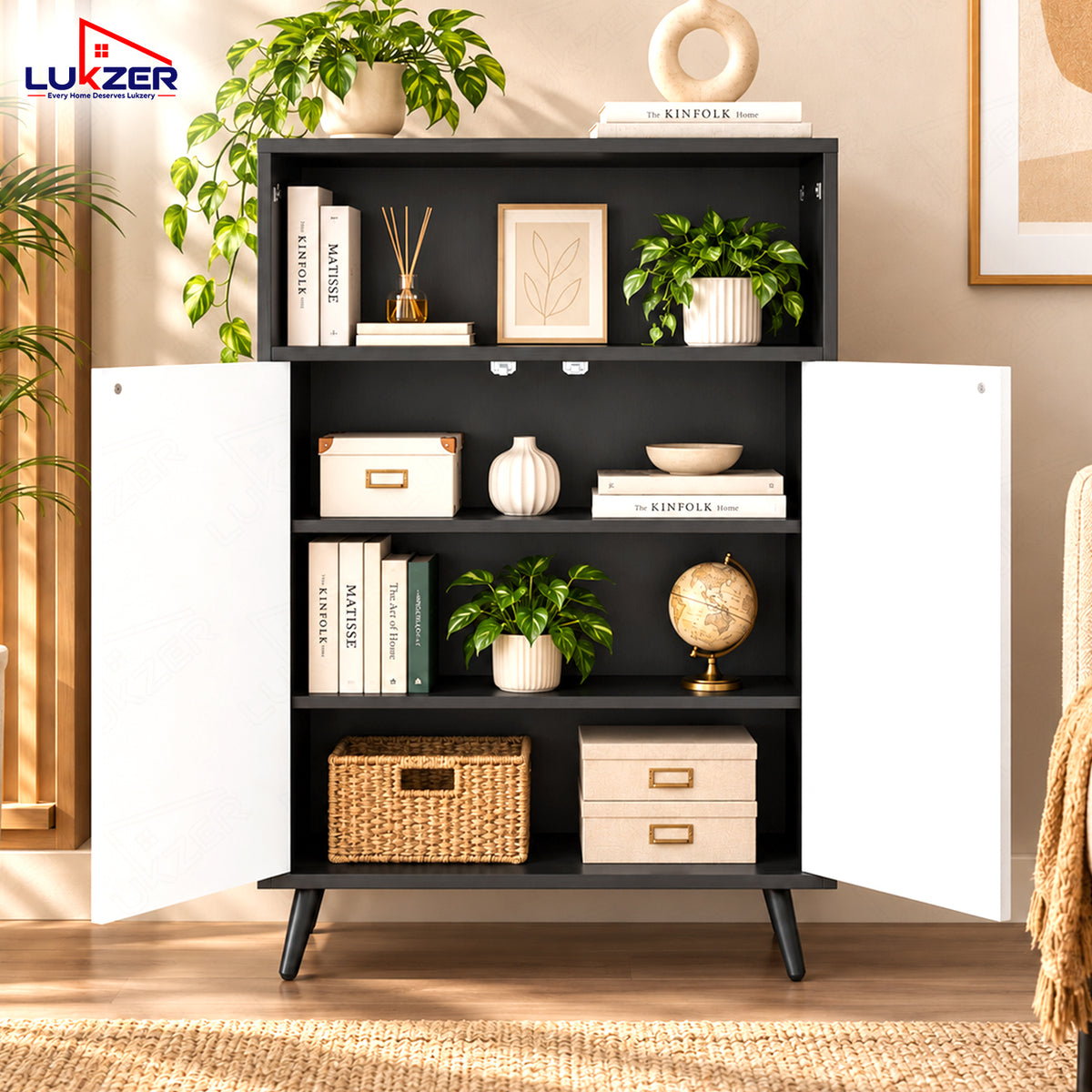 Lukzer Wooden Book Shelf & Storage Cabinet with White Doors (MR-034/Black)