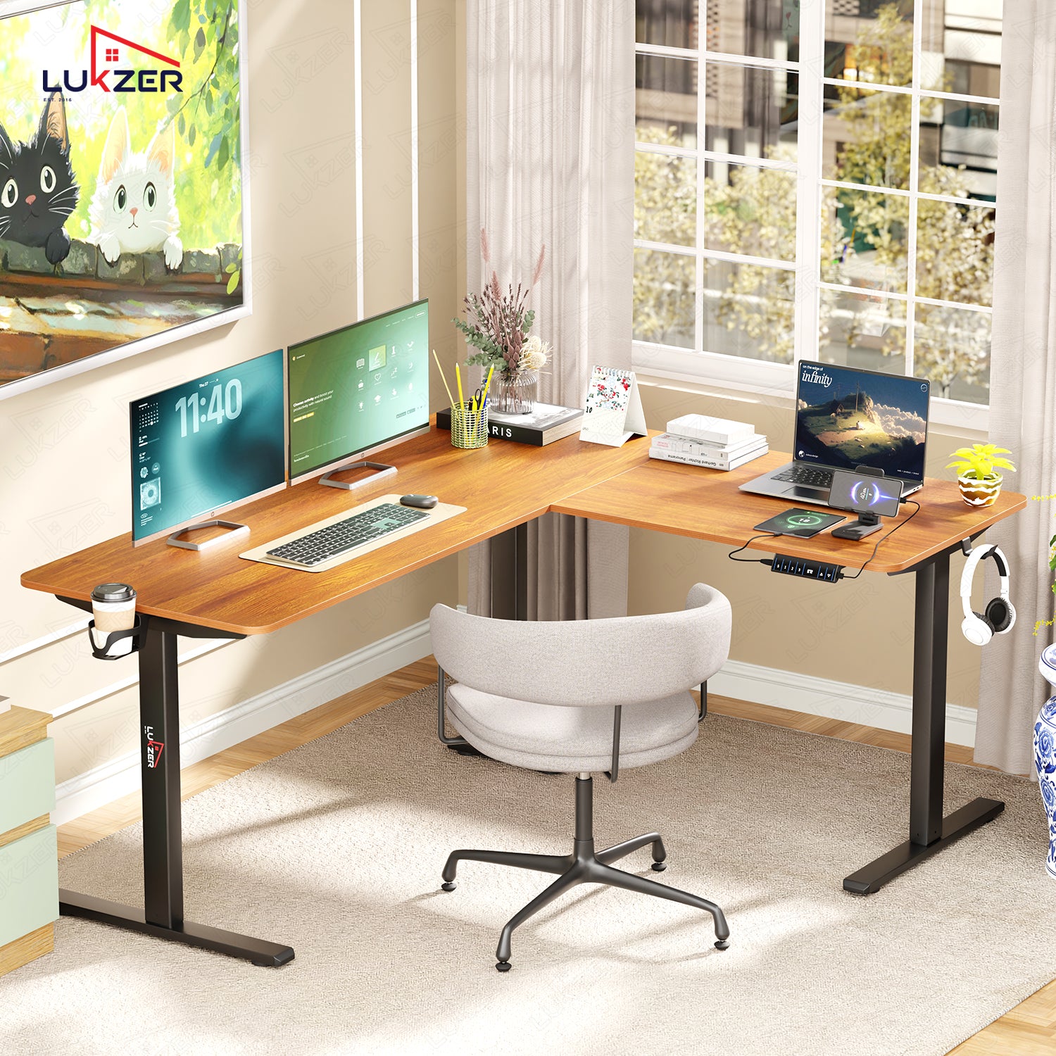Lukzer Electric Height Adjustable Desk with USB & Type-C Study Table (EST-001/UC-Black & Oak Brown) 3-Years Warranty